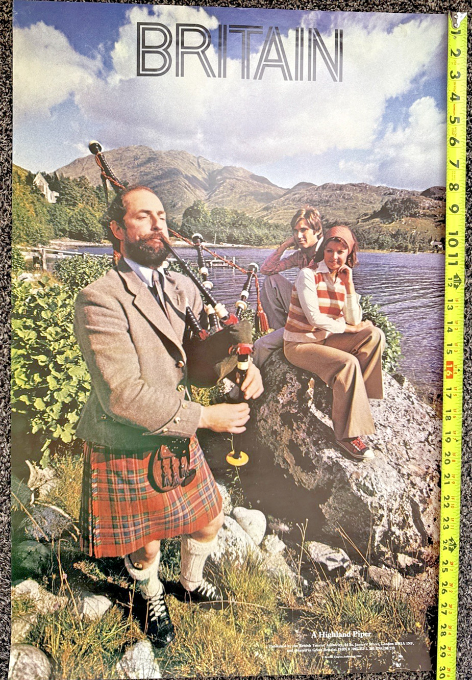 Vintage Britain Travel Poster Highland Piper Wearing Kilt Bagpipes 1980s Retro